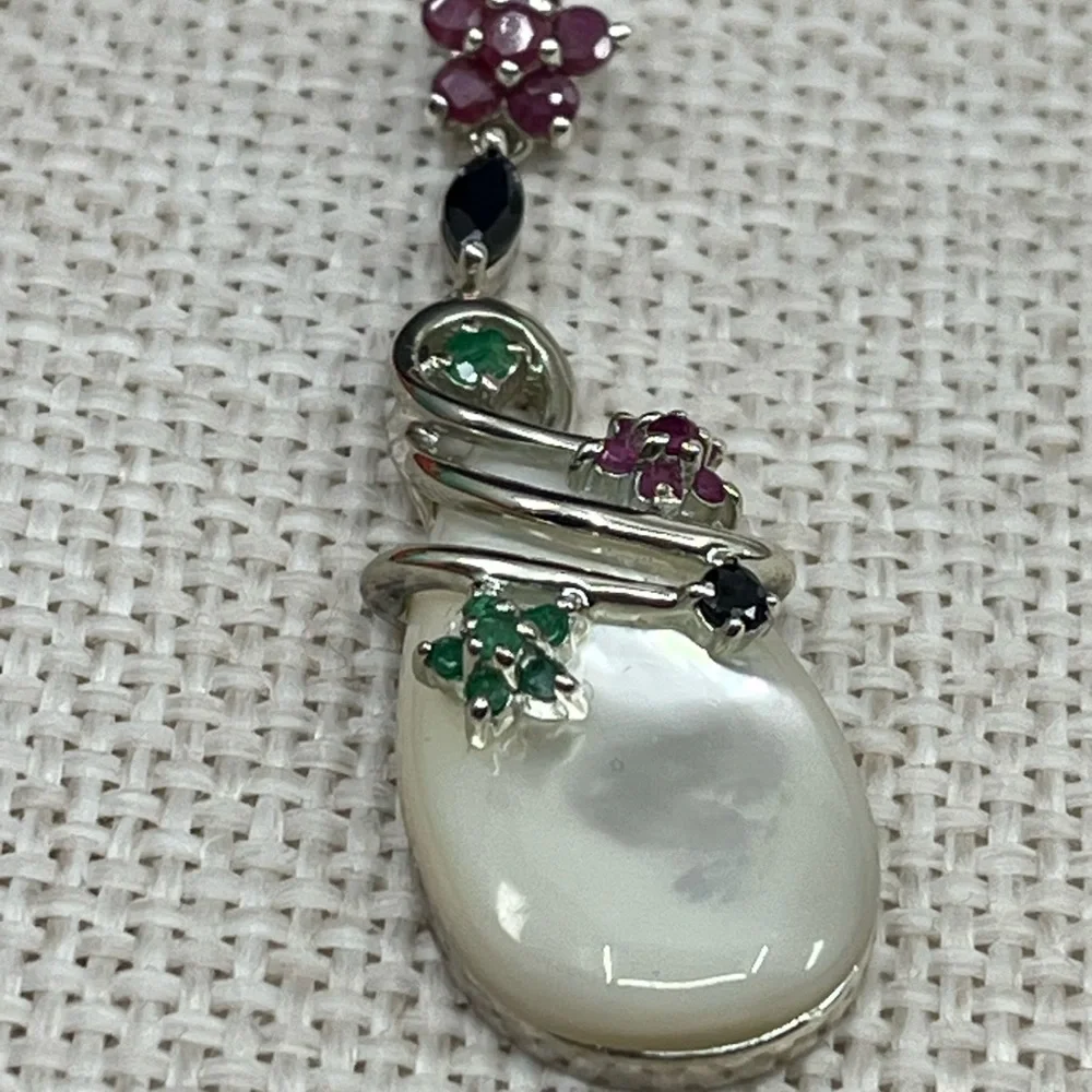 Vintage Sterling Silver Mother of Pearl & Gemstone Pendant